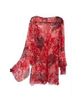 Nancy-K Plus Dress Womens 3XL Red Floral Paisley Sheer Bell Sleeve Cover Up